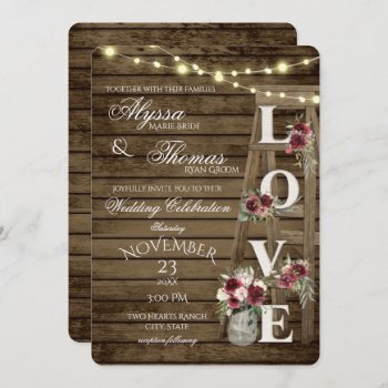 Rustic Ladder And Lights Love Burgundy Wedding  Invitation by happygotimes at Zazzle