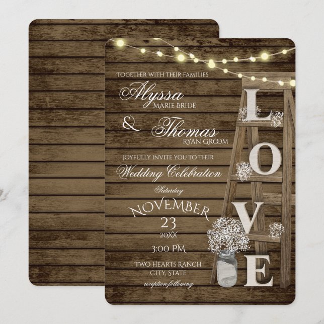 Rustic Ladder and Lights Love Wedding Invitation (Front/Back)