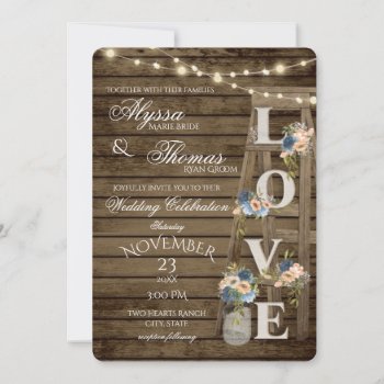 Rustic Ladder And Lights Vintage Blue Love Wedding Invitation by happygotimes at Zazzle