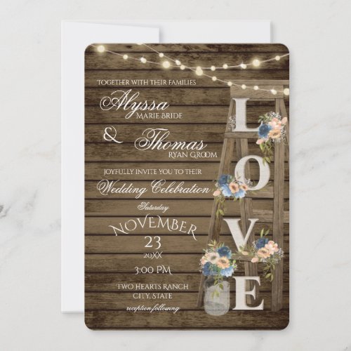 Rustic Ladder and Lights Vintage Blue Love Wedding Invitation