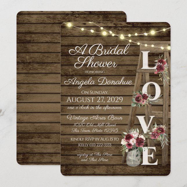Rustic Ladder Burgundy Bridal Shower Invitation (Front/Back)