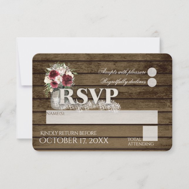 Rustic Ladder Love Burgundy Roses RSVP Wedding Card (Front)
