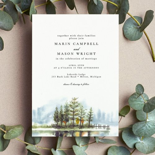 Rustic Lake Forest Watercolor Woodland Wedding Invitation