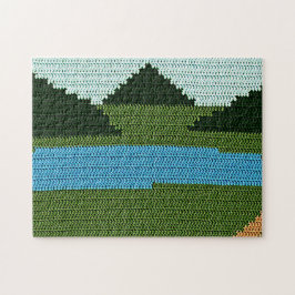 Rustic Lake Hills Green Designer Crochet Print Jigsaw Puzzle