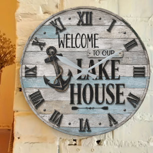 Rustic Lake House Anchor Nautical Coastal Large Clock