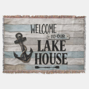 Rustic Lake House Anchor Nautical Coastal Throw Blanket