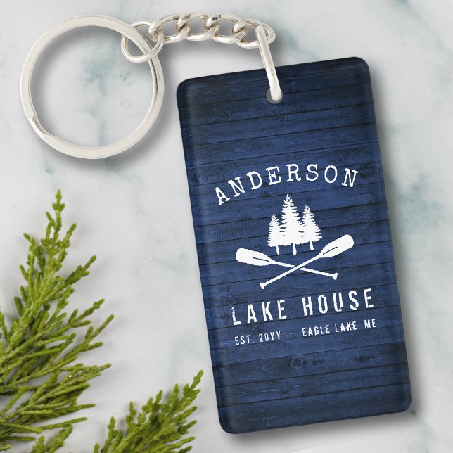Rustic Lake House Boat Oars Tree Blue Wood 2 Sided Keychain (Creator Uploaded)