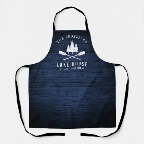 Rustic Lake House Boat Oars Trees Blue Wood Print Apron