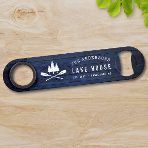 Rustic Lake House Boat Oars Trees Blue Wood Print Bar Key