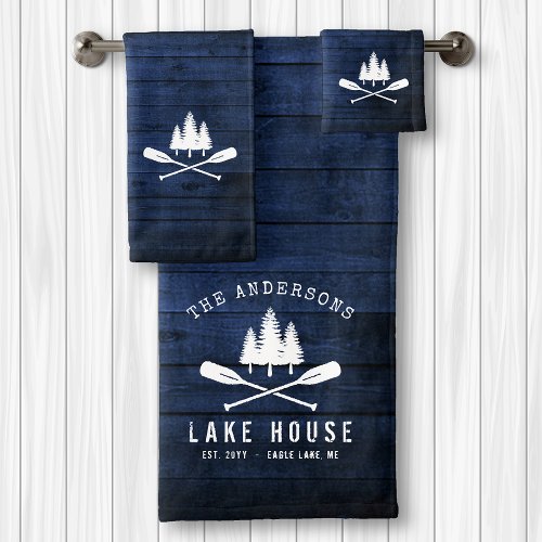 Rustic Lake House Boat Oars Trees Blue Wood Print Bath Towel Set