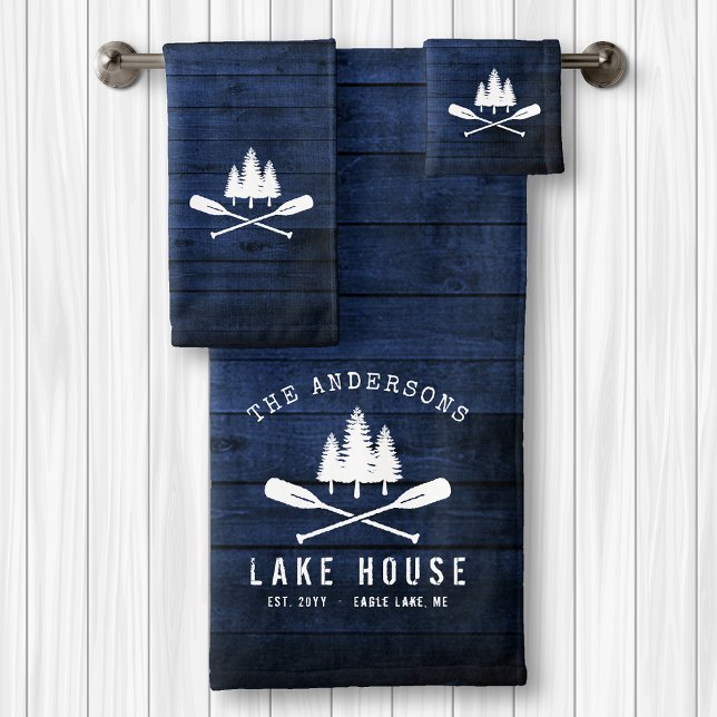 Rustic Lake House Boat Oars Trees Blue Wood Print Bath Towel Set (Creator Uploaded)