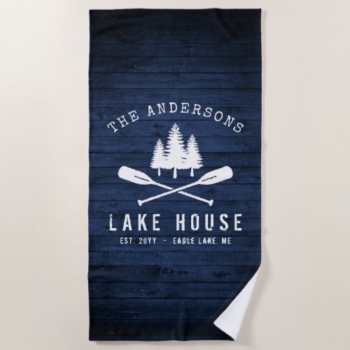 Rustic Lake House Boat Oars Trees Blue Wood Print Beach Towel