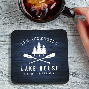 Rustic Lake House Boat Oars Trees Blue Wood Print Beverage Coaster