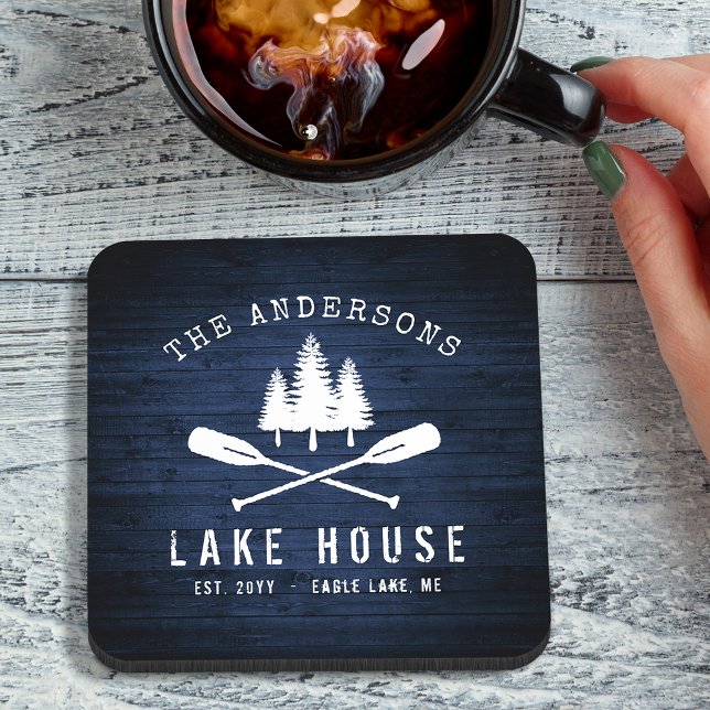 Rustic Lake House Boat Oars Trees Blue Wood Print Beverage Coaster (Creator Uploaded)
