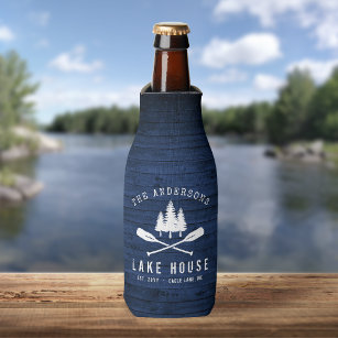 Rustic Lake House Boat Oars Trees Blue Wood Print Bottle Cooler