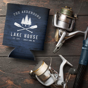 Rustic Lake House Boat Oars Trees Blue Wood Print Can Cooler