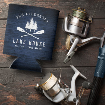 Rustic Lake House Boat Oars Trees Blue Wood Print Can Cooler by rustic_charm at Zazzle