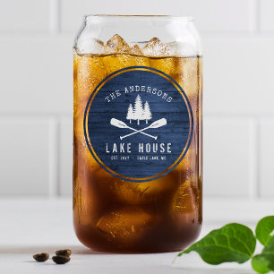 Rustic Lake House Boat Oars Trees Blue Wood Print Can Glass