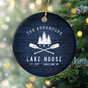 Rustic Lake House Boat Oars Trees Blue Wood Print Ceramic Ornament