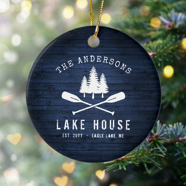 Rustic Lake House Boat Oars Trees Blue Wood Print Ceramic Ornament (Creator Uploaded)