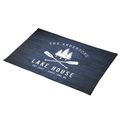 Rustic Lake House Boat Oars Trees Blue Wood Print Cloth Placemat