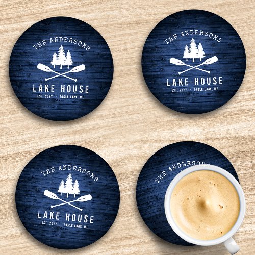 Rustic Lake House Boat Oars Trees Blue Wood Print Coaster Set