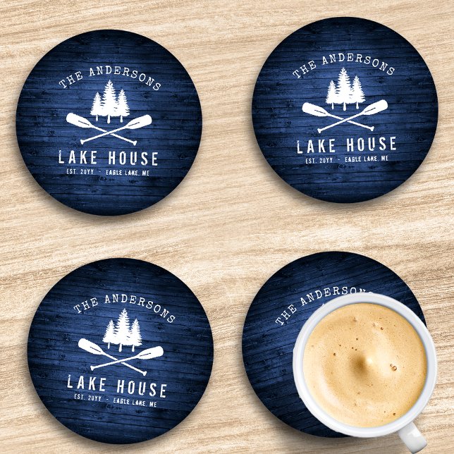 Rustic Lake House Boat Oars Trees Blue Wood Print Coaster Set (Creator Uploaded)