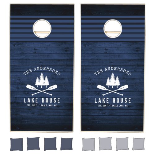 Rustic Lake House Boat Oars Trees Blue Wood Print Cornhole Set