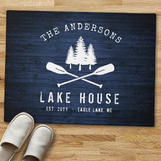 Rustic Lake House Boat Oars Trees Blue Wood Print Doormat