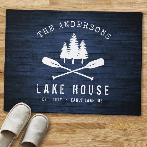 Rustic Lake House Boat Oars Trees Blue Wood Print Doormat