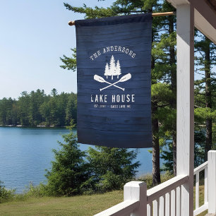 Rustic Lake House Boat Oars Trees Blue Wood Print Flag