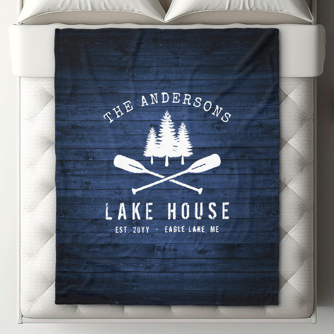 Rustic Lake House Boat Oars Trees Blue Wood Print Fleece Blanket