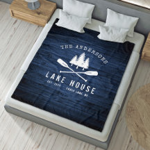 Rustic Lake House Boat Oars Trees Blue Wood Print
