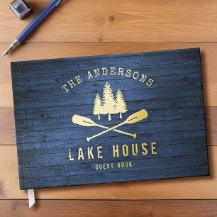 Rustic Lake House Boat Oars Trees Blue Wood Print Foil Guest Book