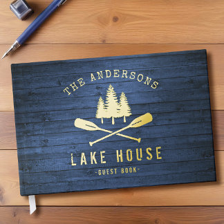 Rustic Lake House Boat Oars Trees Blue Wood Print Foil Guest Book