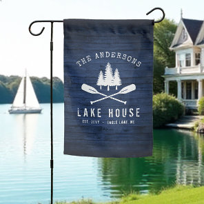 Rustic Lake House Boat Oars Trees Blue Wood Print Garden Flag