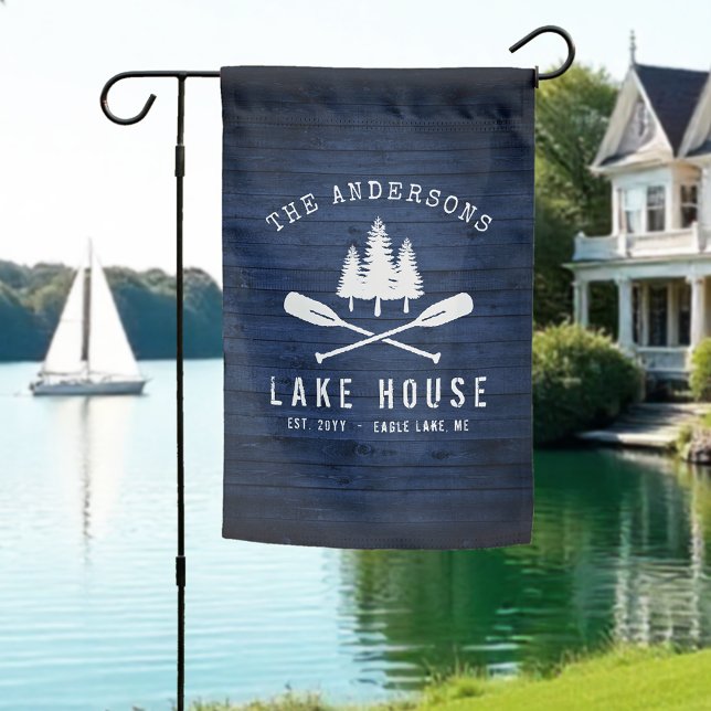 Rustic Lake House Boat Oars Trees Blue Wood Print Garden Flag (Creator Uploaded)