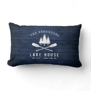 Rustic Lake House Boat Oars Trees Blue Wood Print Lumbar Pillow