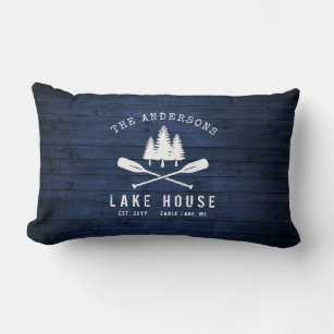 Rustic Lake House Boat Oars Trees Blue Wood Print Lumbar Pillow