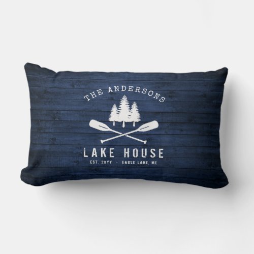 Rustic Lake House Boat Oars Trees Blue Wood Print Lumbar Pillow