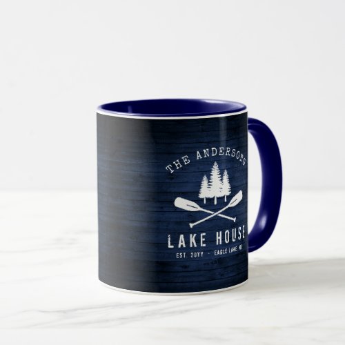 Rustic Lake House Boat Oars Trees Blue Wood Print Mug