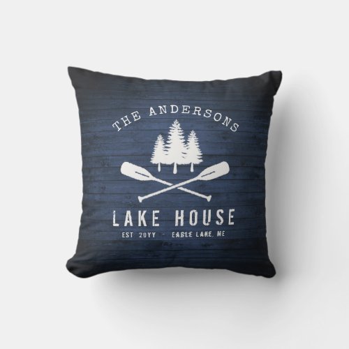 Rustic Lake House Boat Oars Trees Blue Wood Print Outdoor Pillow