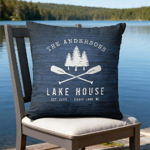 Rustic Lake House Boat Oars Trees Blue Wood Print Outdoor Pillow
