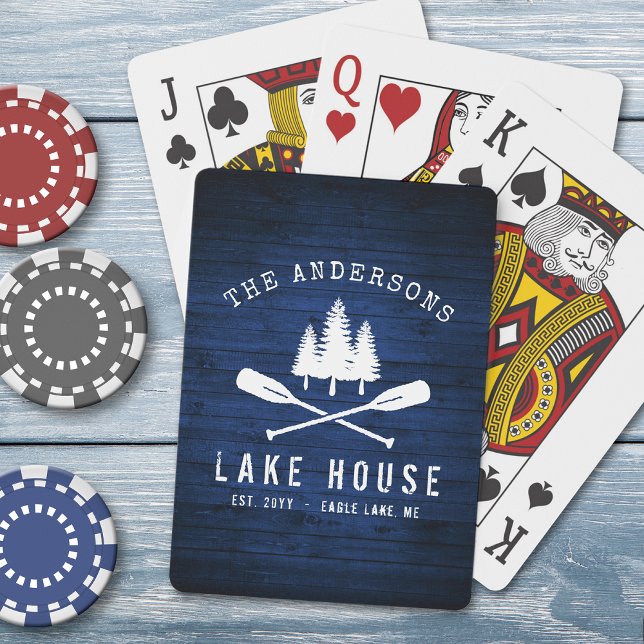 Rustic Lake House Boat Oars Trees Blue Wood Print Poker Cards (Creator Uploaded)