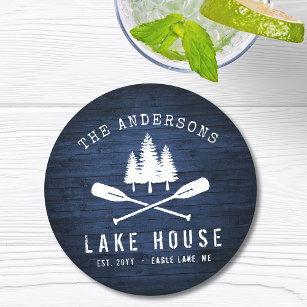 Rustic Lake House Boat Oars Trees Blue Wood Print Round Paper Coaster