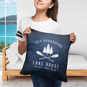Rustic Lake House Boat Oars Trees Blue Wood Print Throw Pillow