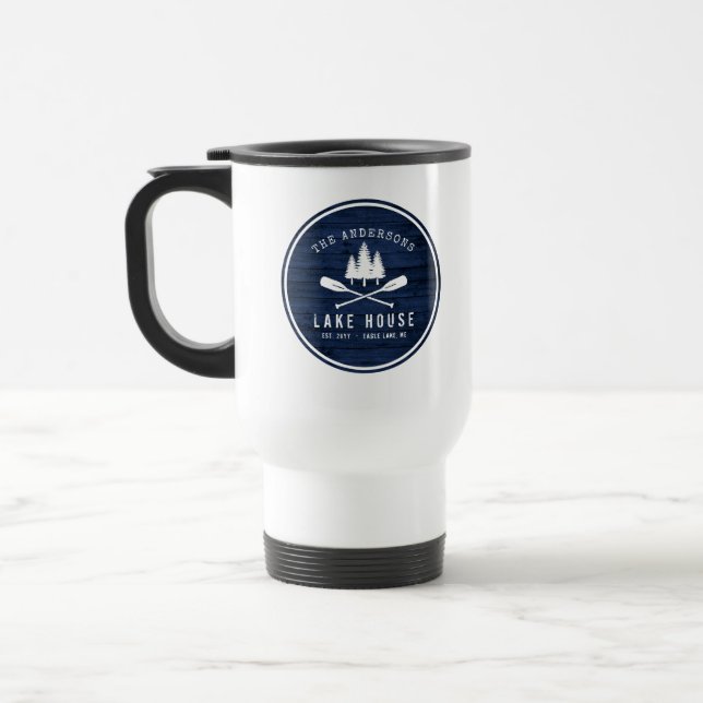 Rustic Lake House Boat Oars Trees Blue Wood Print Travel Mug (Left)