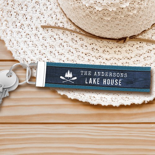 Rustic Lake House Boat Oars Trees Blue Wood Print Wrist Keychain