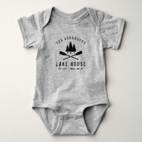 Rustic Lake House Boat Oars Trees Family Name Baby Bodysuit