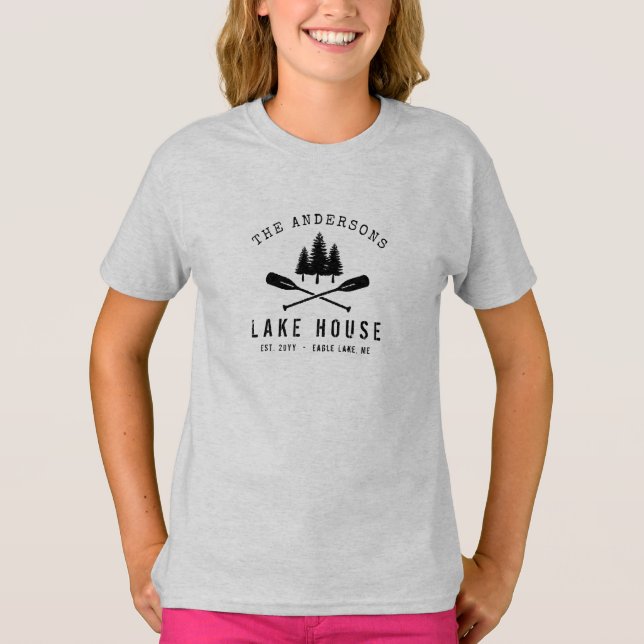 Rustic Lake House Boat Oars Trees Family Name T-Shirt (Front)